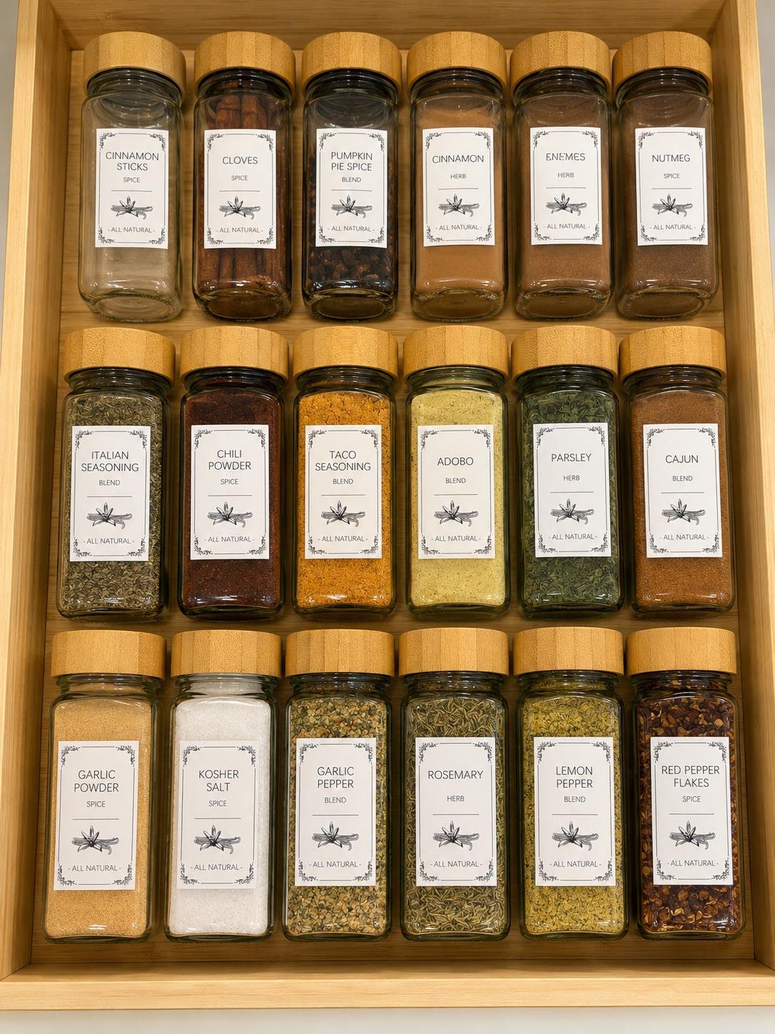 Beautifully organized spice drawer detail